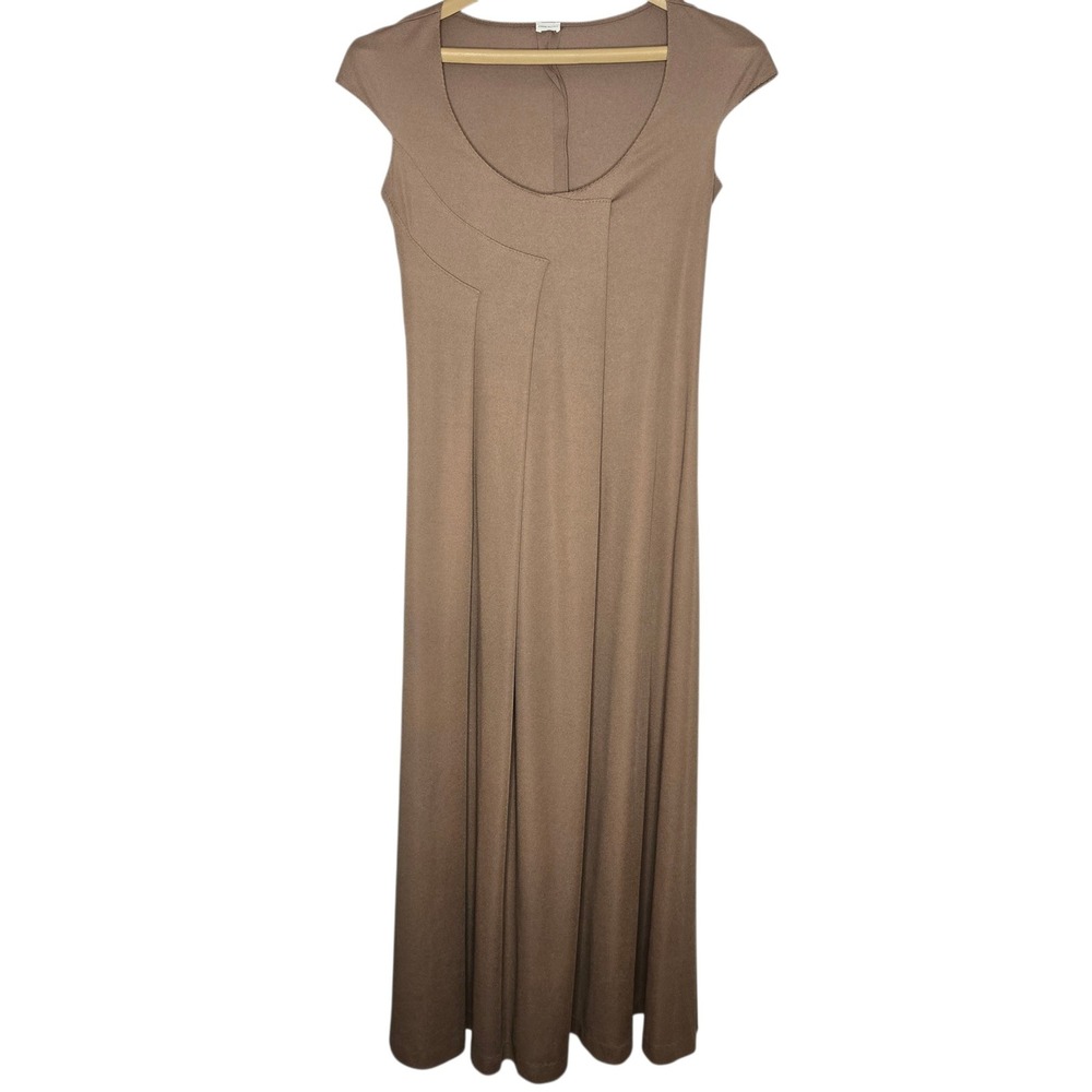 JOHN KLASS Vintage 70s Khaki Jersey Maxi Dress Scoop Neck Asymmetric Minimalist